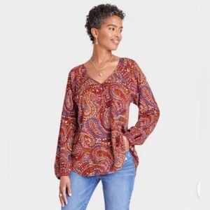 NWT Knox Rose Long Sleeve Henley Tunic Paisley Top Size XL